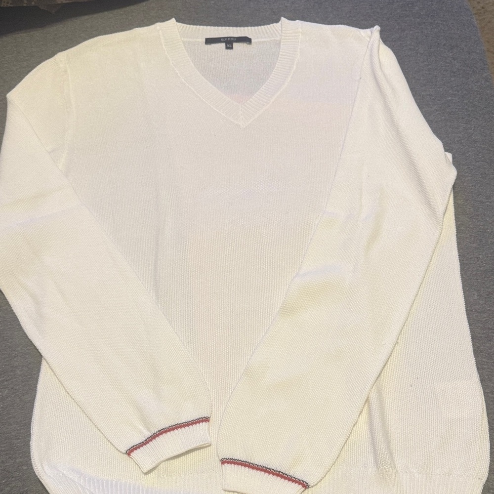 Gucci White V-Neck Sweater with Red Trim